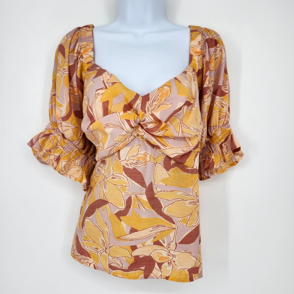 Nine West Womens Babydoll Puff Sleeve Top 2X Yellow Earthy Floral Date Night